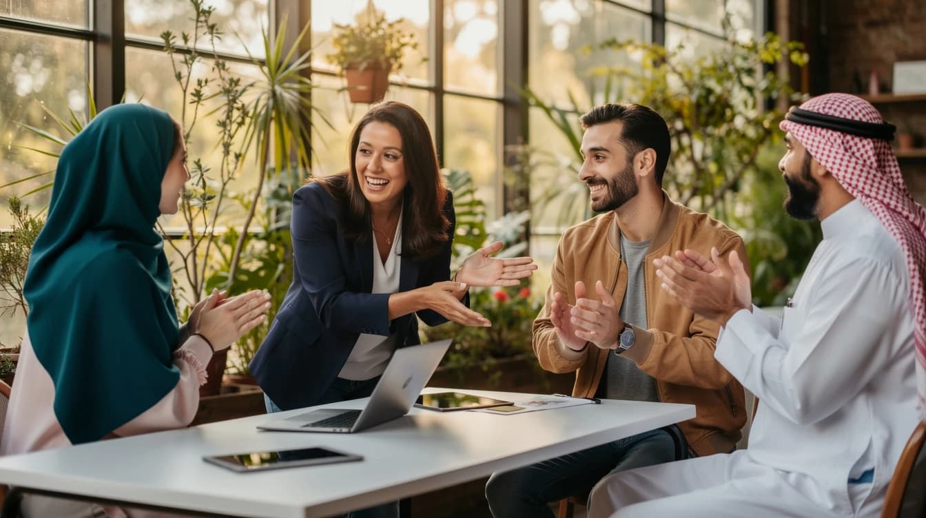 Colleagues celebrating together around a meeting table